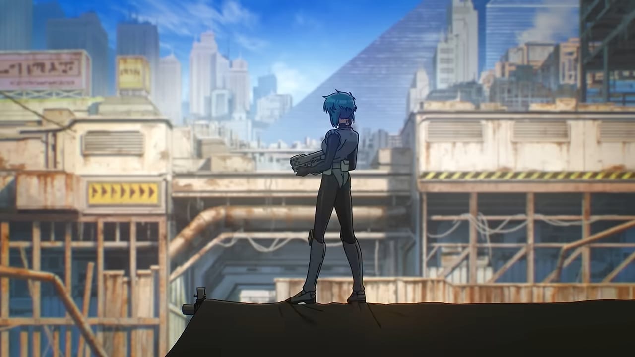Motoko looks out at the city from a rooftop.