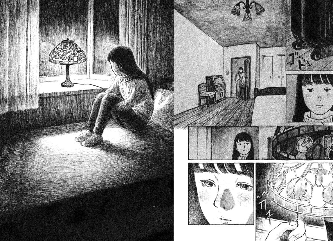 Akari manga Akari looks at a well-lit stained-glass lamp.