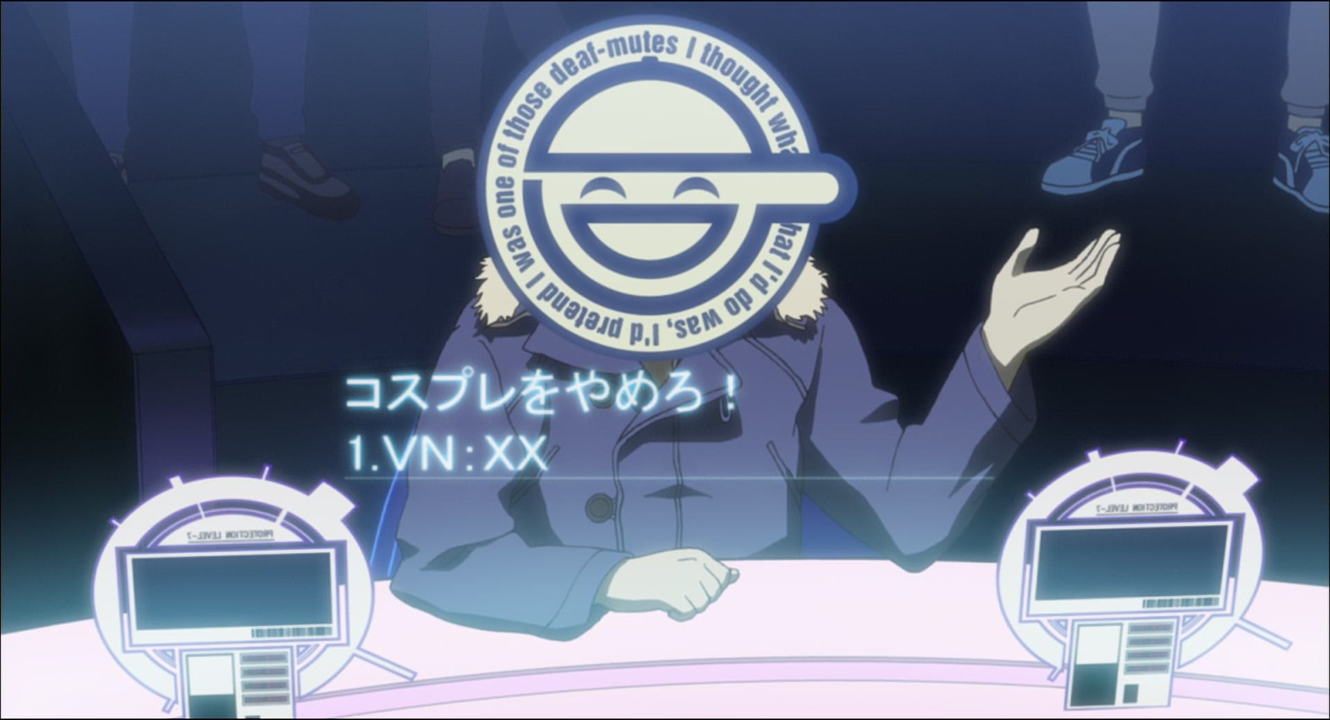 An online user speaks with the Laughing Man symbol over their face, in Stand Alone Complex.