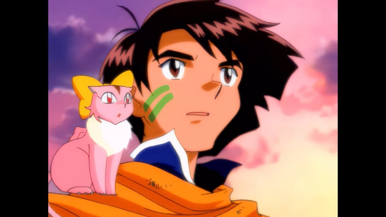 Hiro, a boy with green face paint on his cheek, looks outwards. A small and pink cat-shaped "dragon" with a bow sits on his shoulder.