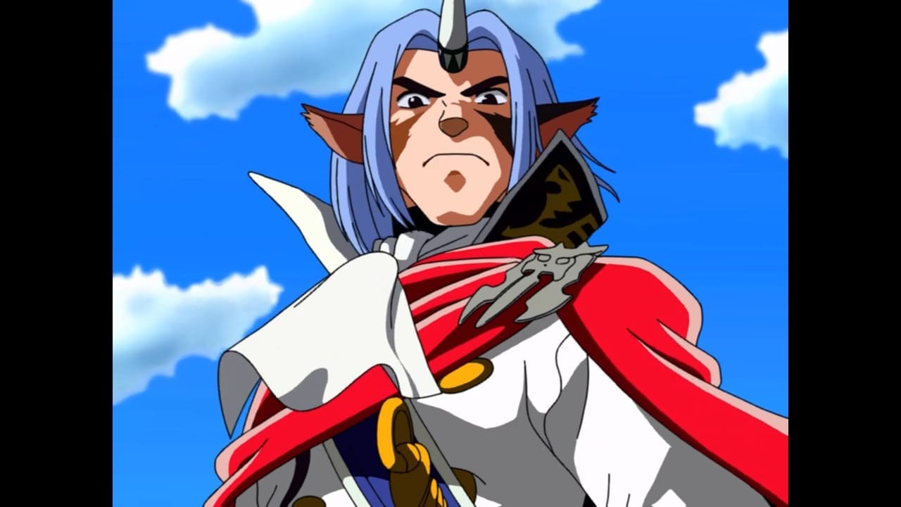 Leo, a demihuman with a horn and furry ears, stares determinedly forwards.