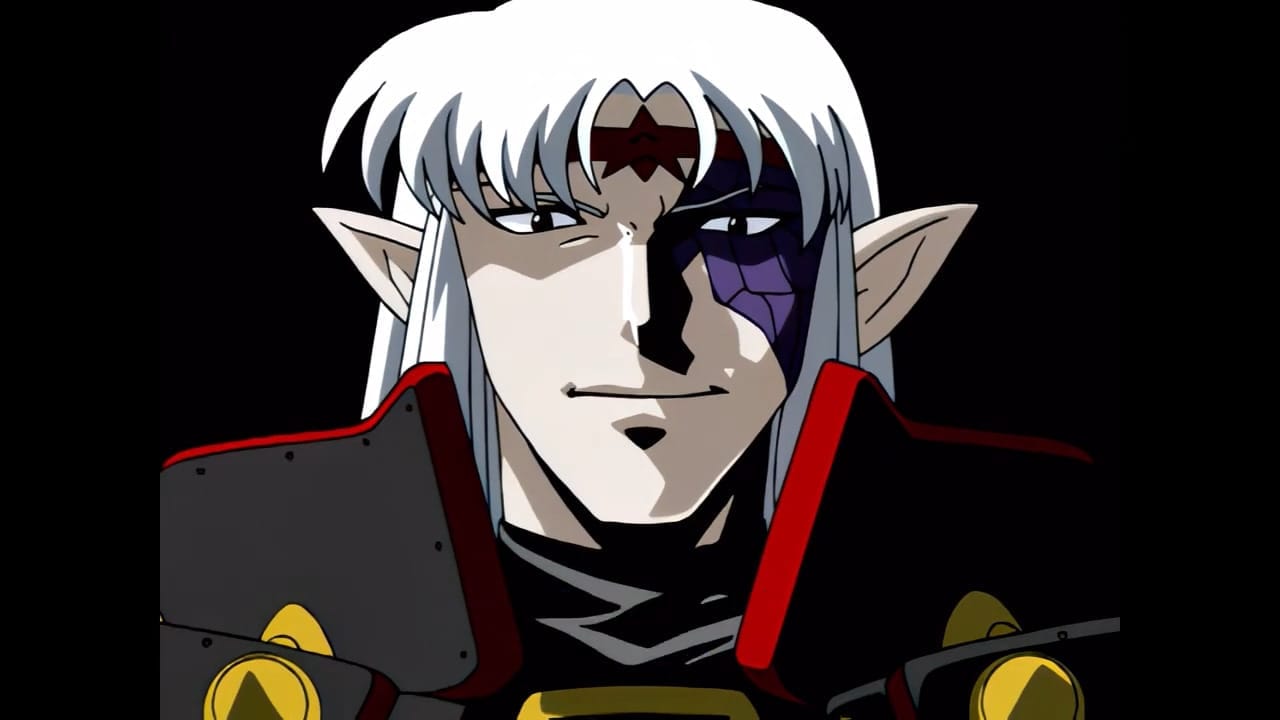 The evil (?) Ghaleon smirks. He has pointy ears; part of the right side of his face is purple and scaled.