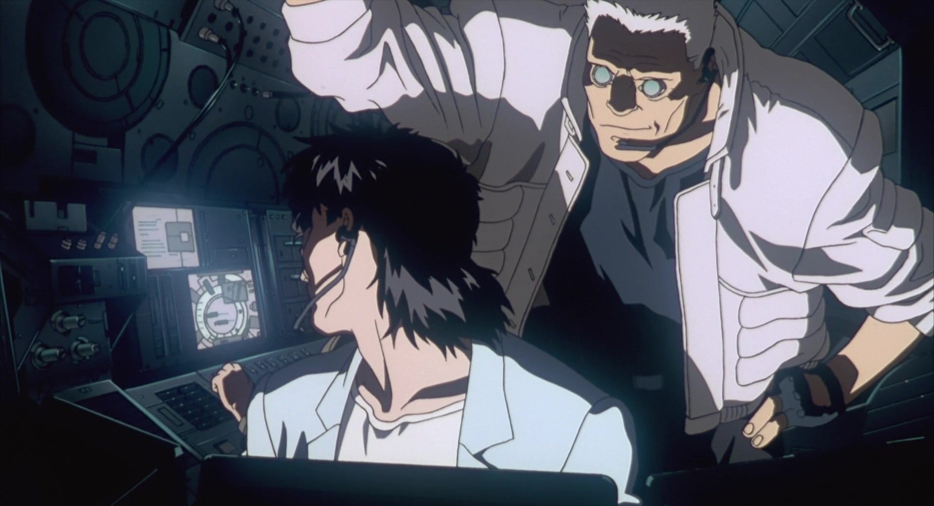Batou leans over Togusa in Ghost in the Shell (1995).