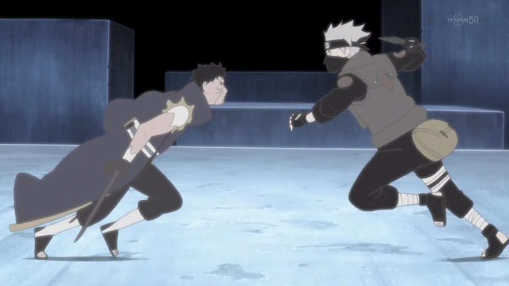 Naruto shippuden obito and kakashi move in to fight.