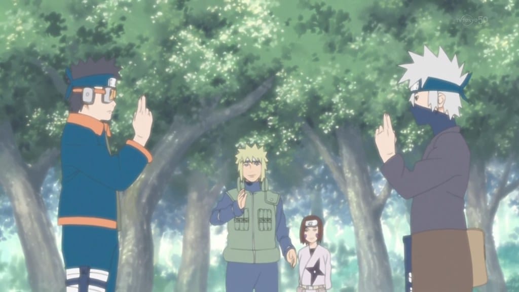 naruto shippuden young obito and kakashi prepare to duel in front of Minato and Rin.