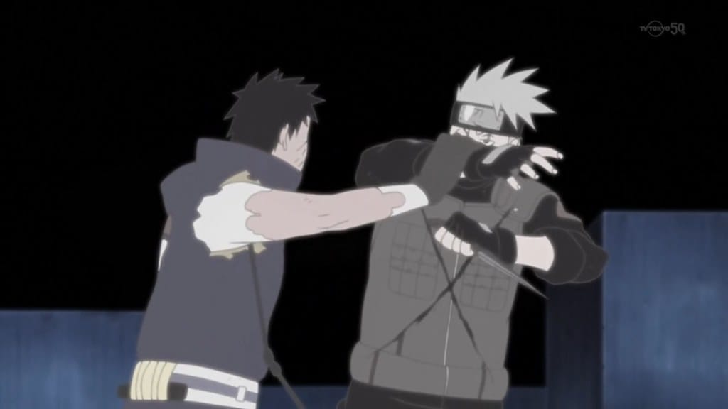 naruto shippuden kakashi blocks a punch from obito.
