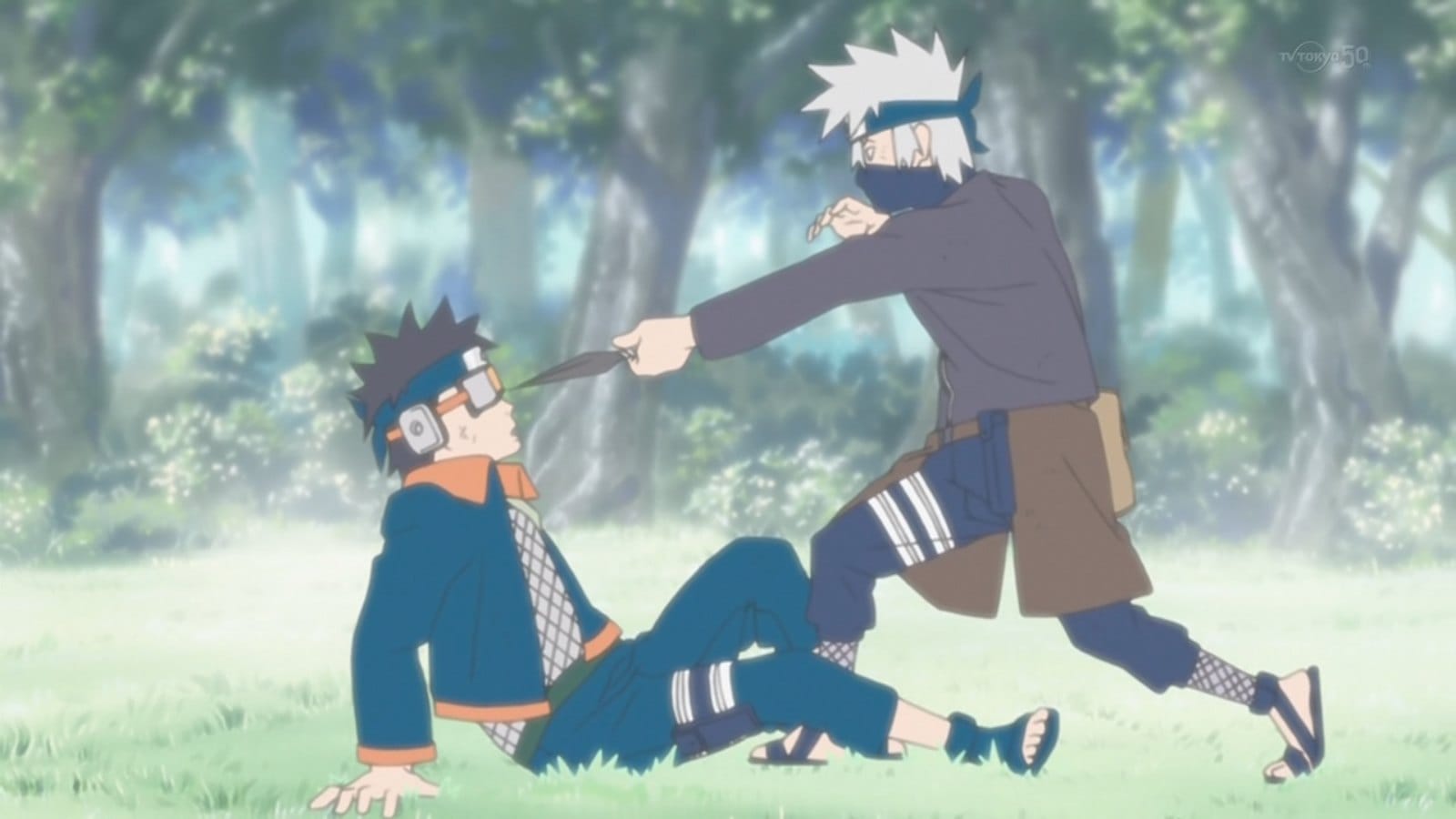 naruto shippuden young kakashi points a kunai knife at obito after wining their duel.