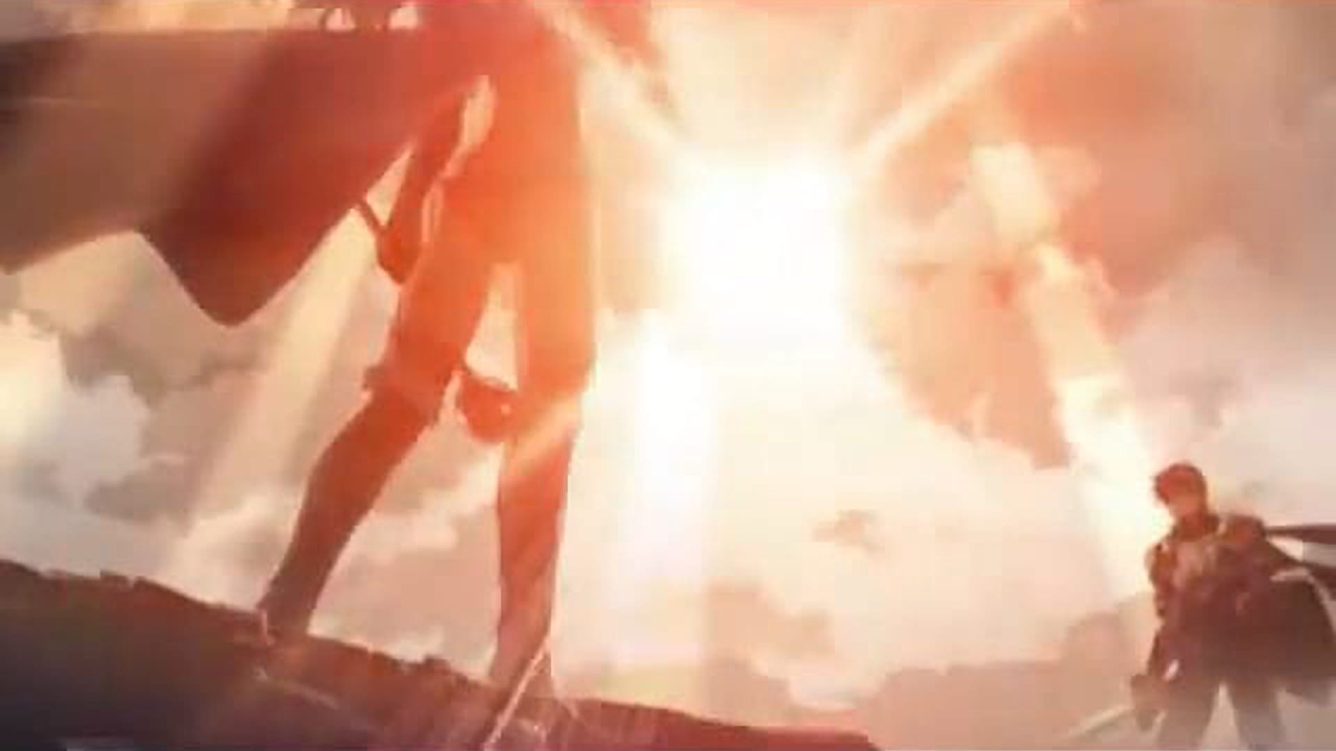 A man with a sword and a woman with a staff face off against a setting sun.