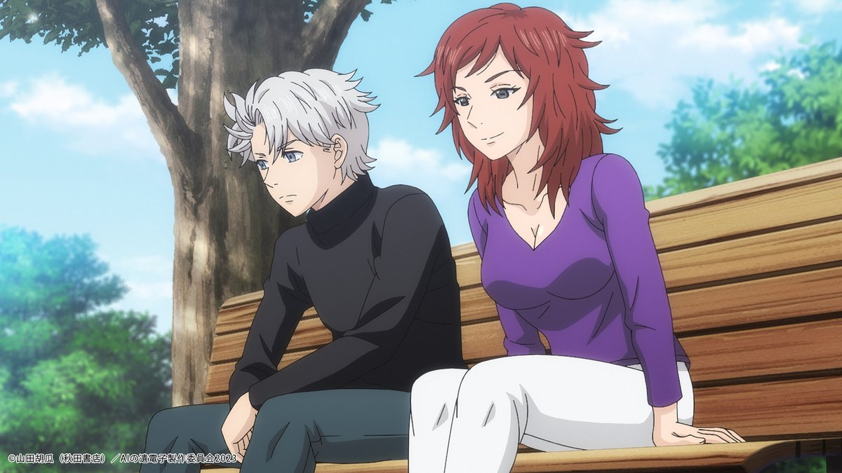 The gene of ai hikaru and kaoru sit on a bench.