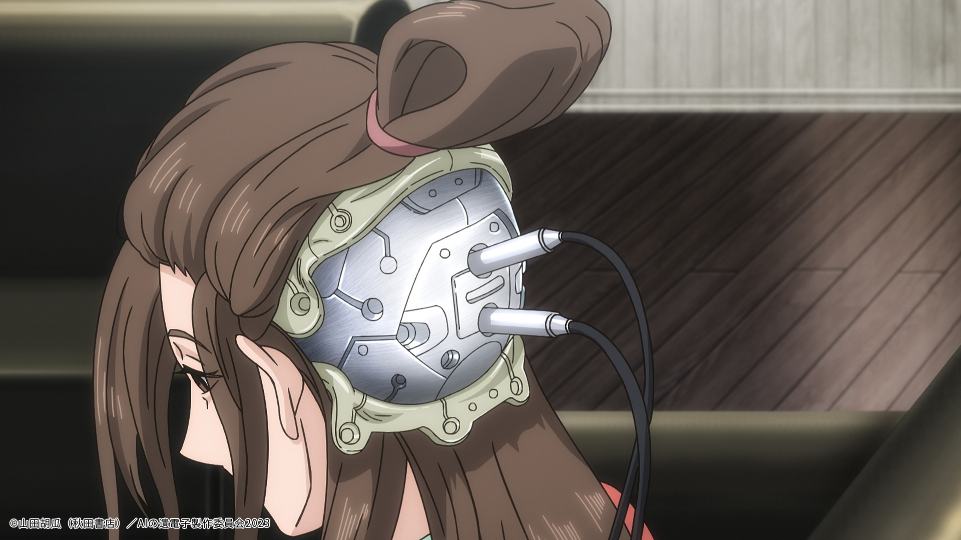 The gene of AI female humanoid with exposed back of the head.