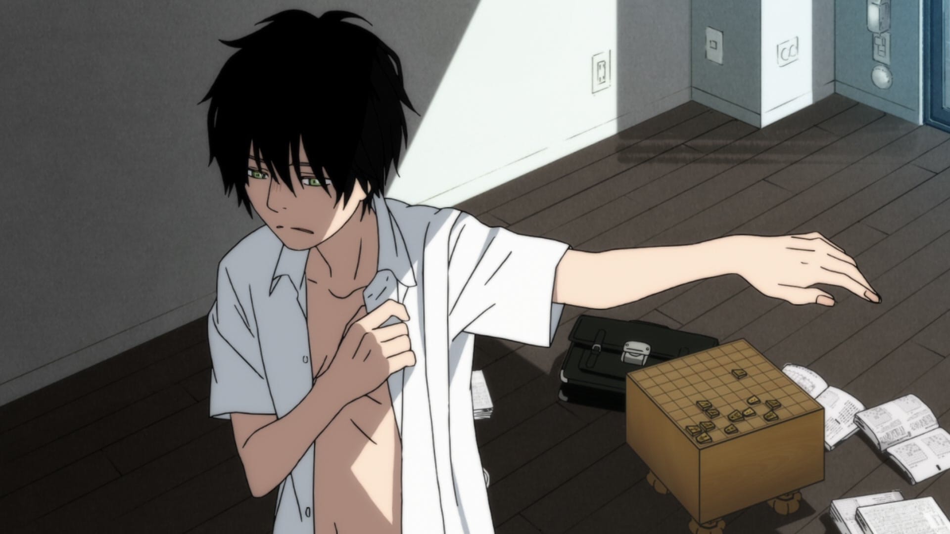 March Comes in Like a Lion rei puts on a white shirt