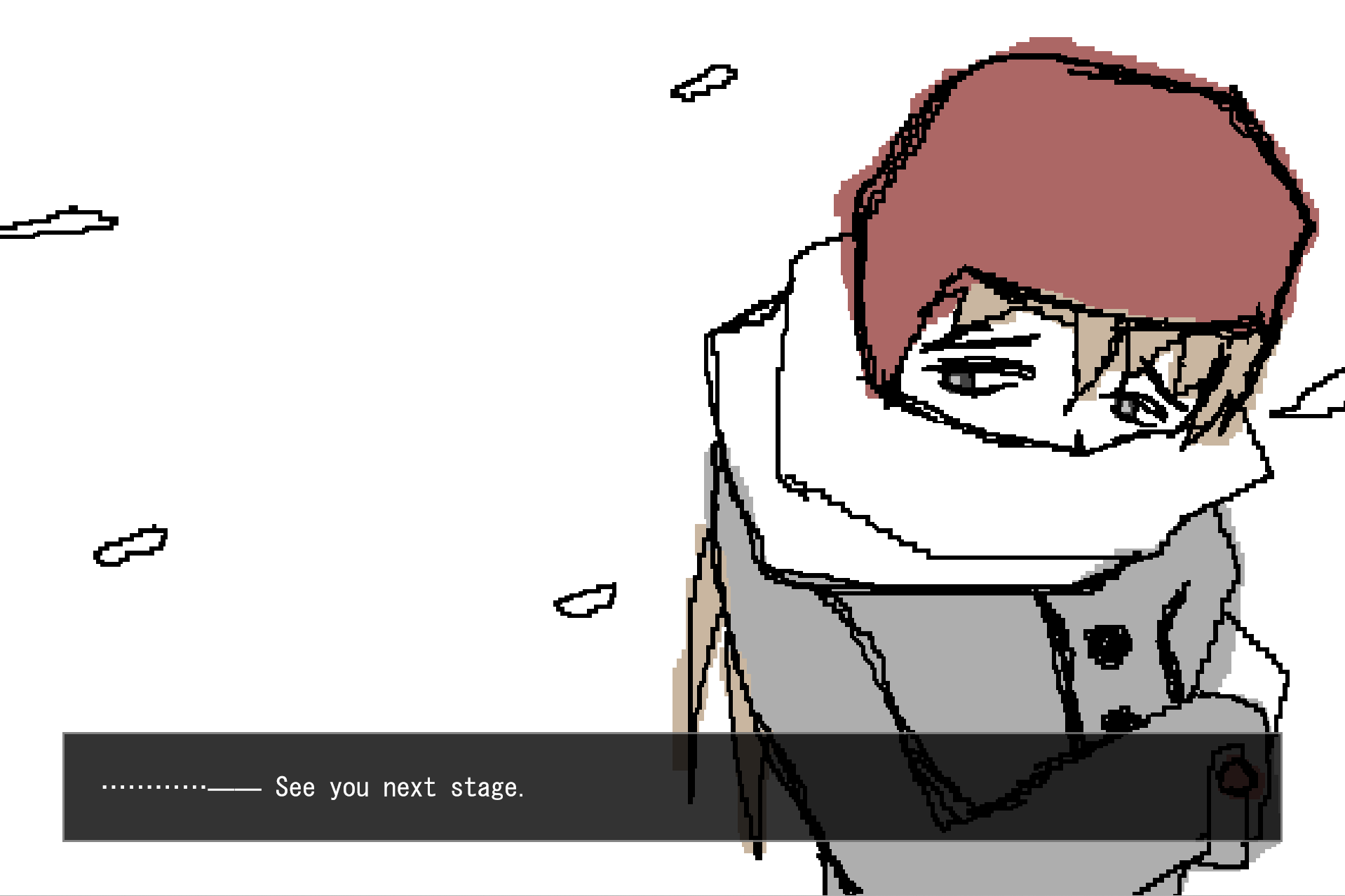 The heroine from Snow Road stands in the snow. Text reads, "......._______ See you next stage."