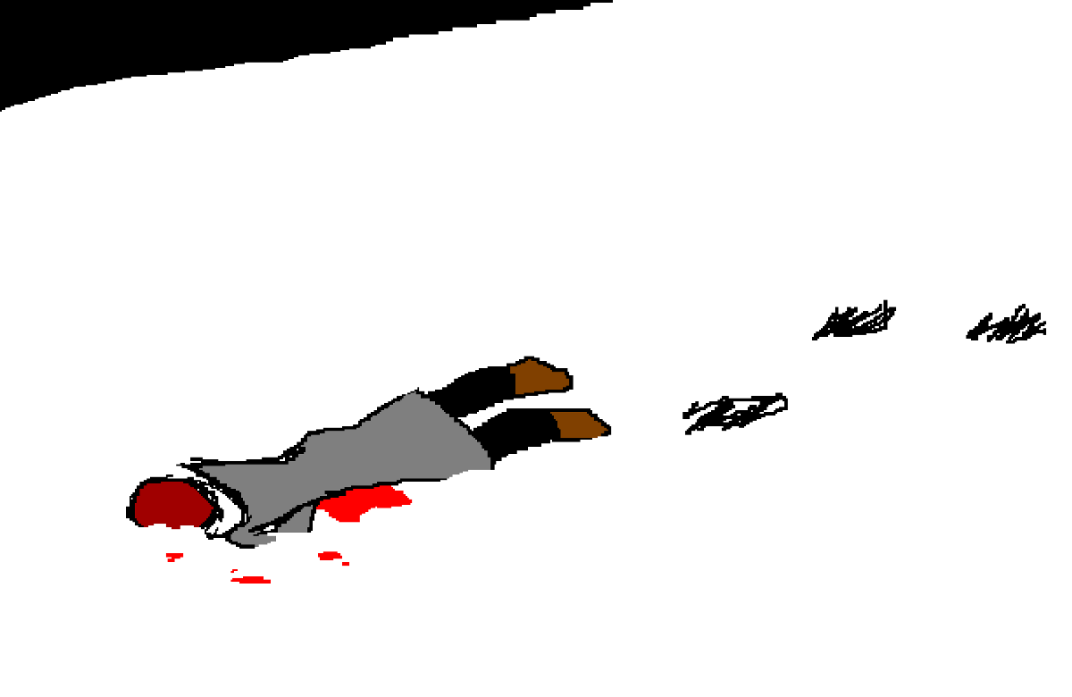 A woman wearing a grey coat lies face-down in the snow. Blood oozes from her chest. Her footprints can be seen behind her.