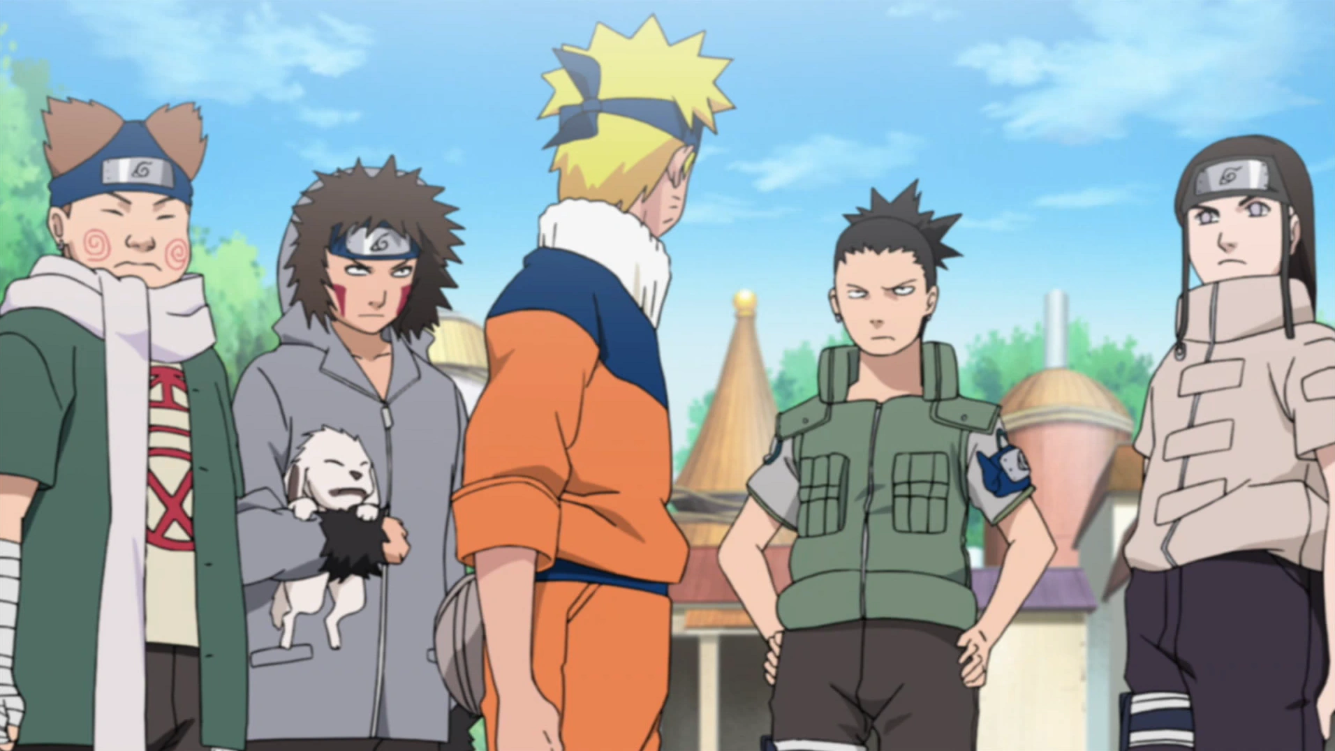 Naruto anime Sasuke rescue team with Naruto, Choji, Kiba, Shikamaru, and Neji.