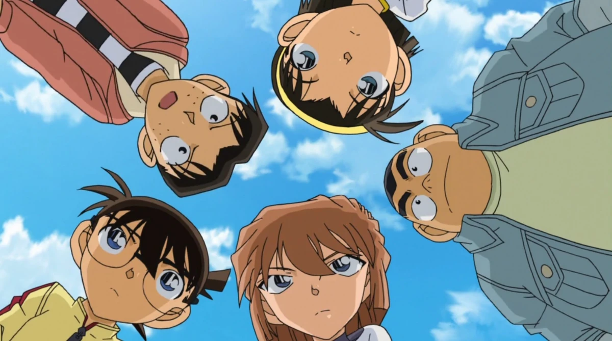 Detective conan detective boys standing in a circle that include Conan, Haibara, Genta, Mitsuhiko, and Ayumi.