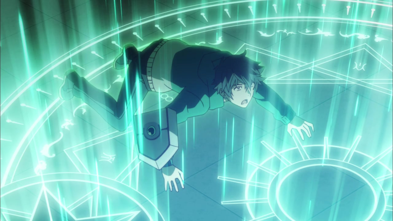 The rising of the shield hero naofumi being surrounded by a green magic circle.