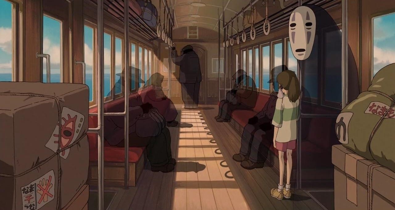 spirited away chihiro and no face looking for a seat on the train.