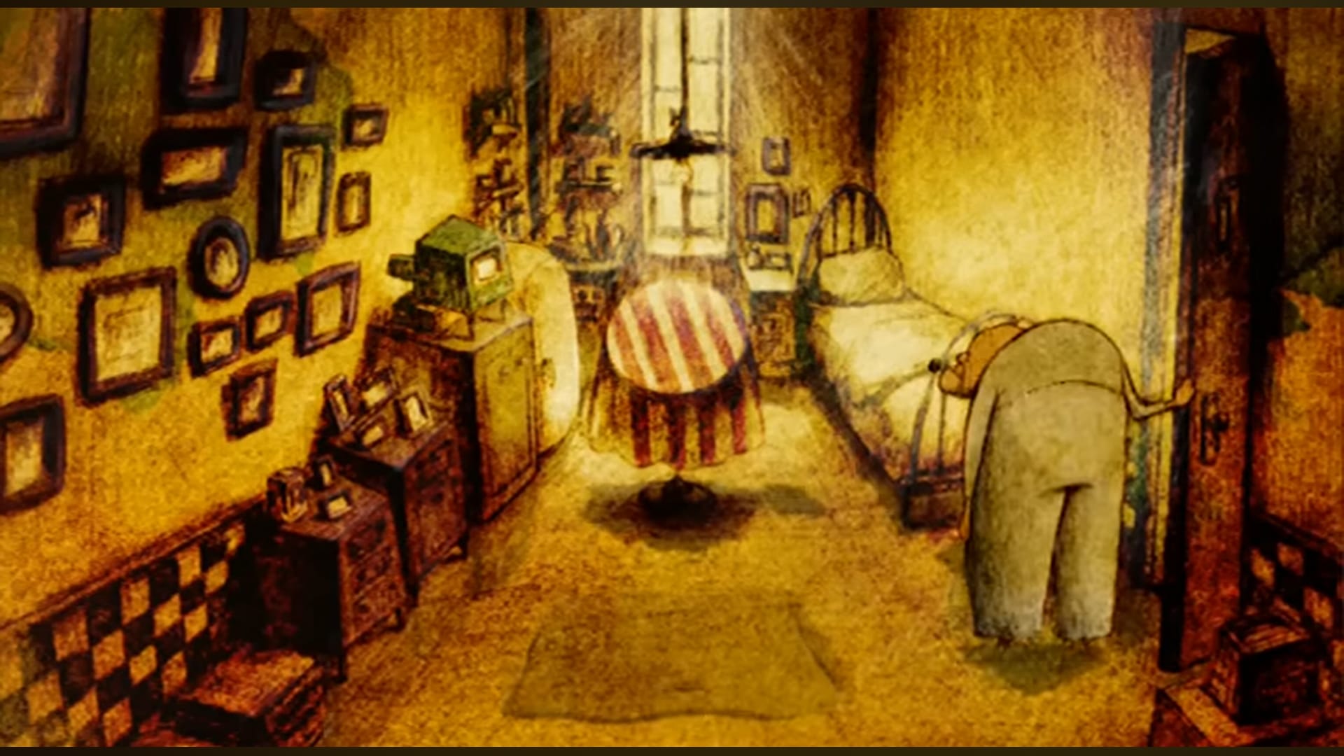 the house of small cubes old man in bedroom.