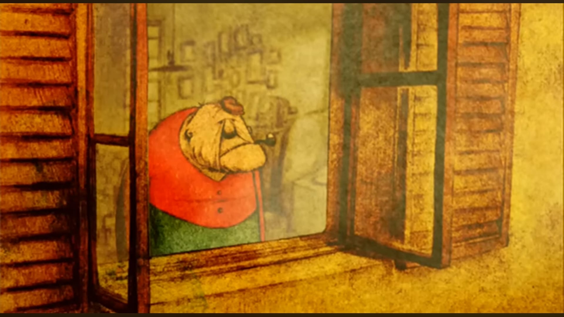 the house of small cubes old man looks out a window
