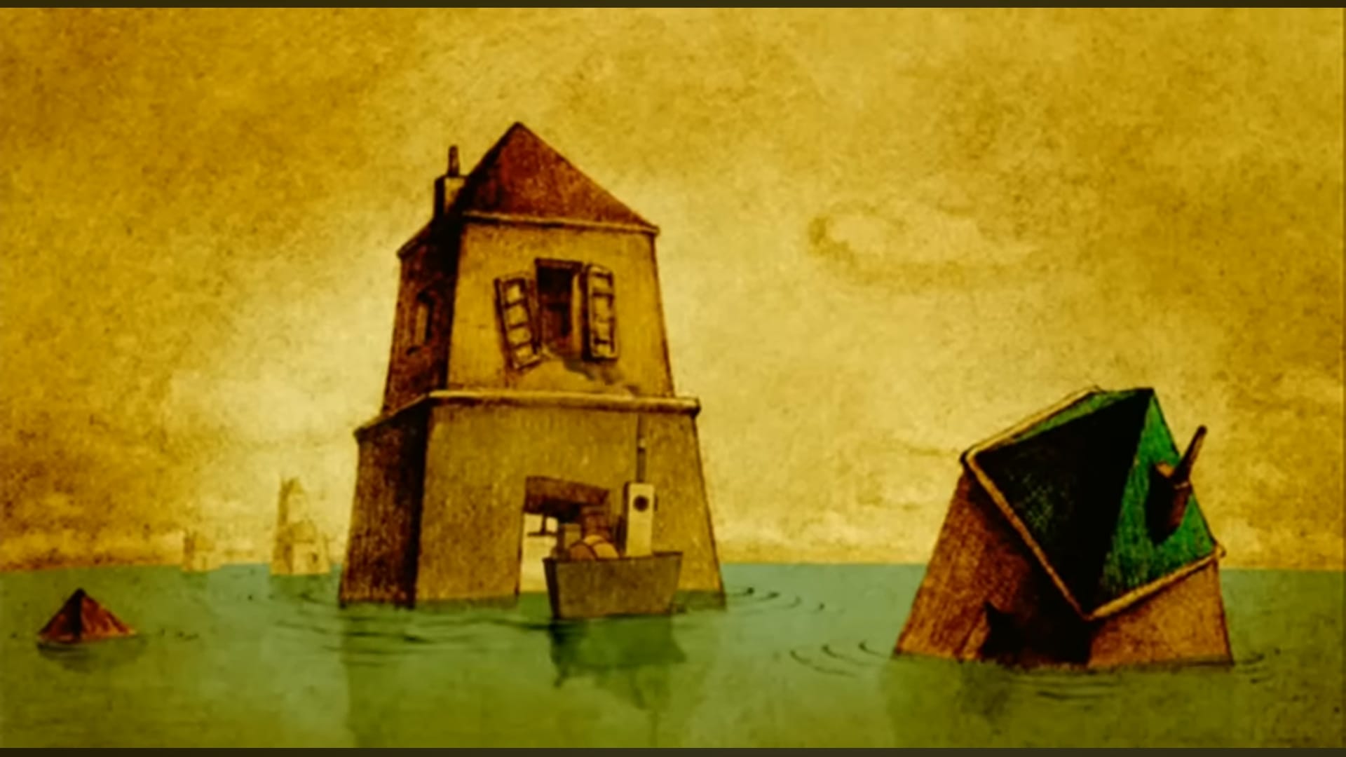 the house of small cubes house in the middle of the ocean.