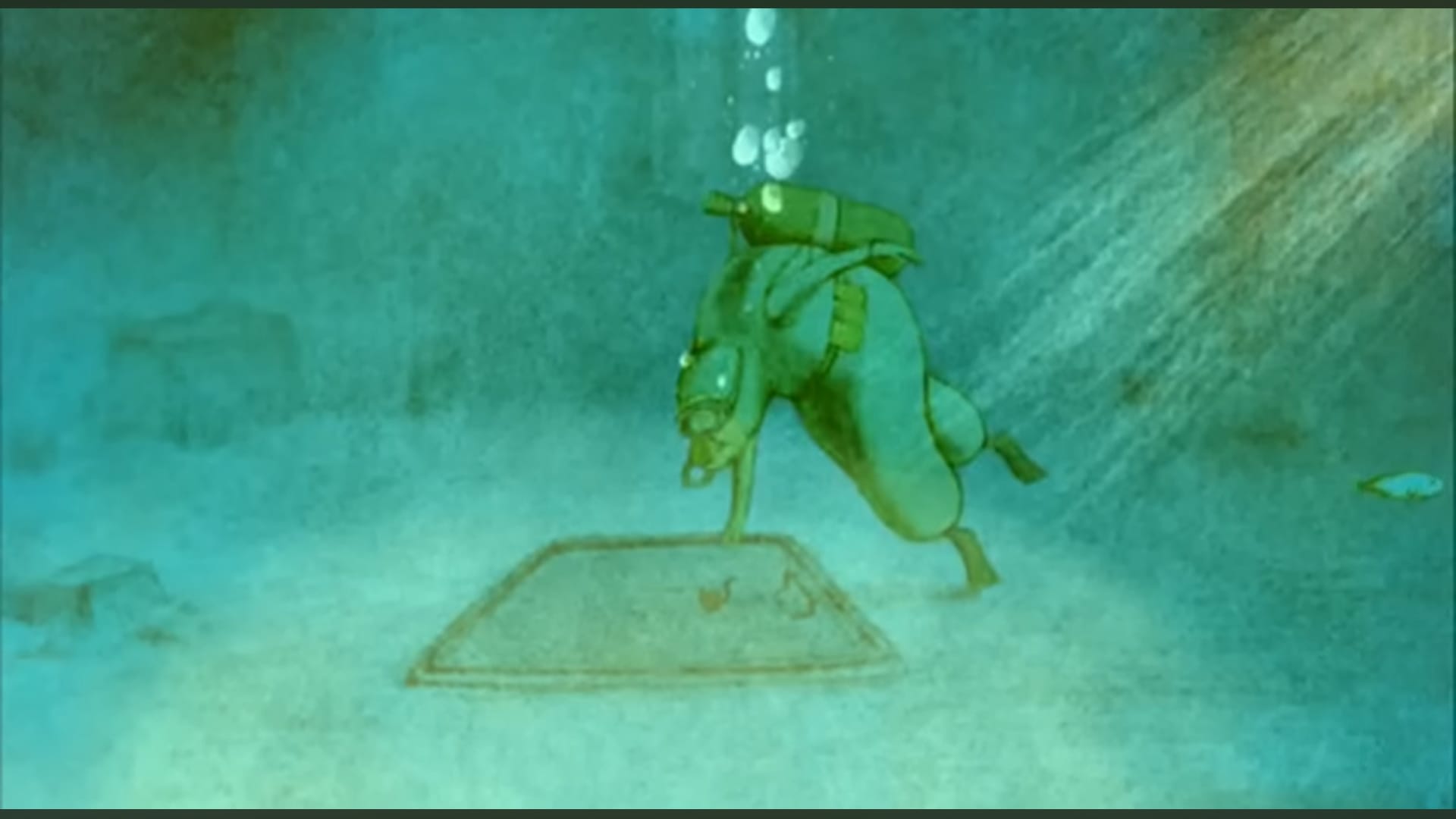 the house of small cubes old man dives underwater into room.
