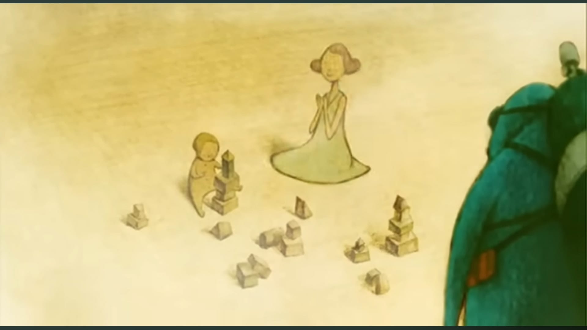 the house of small cubes old man looks at wife and child in the past.