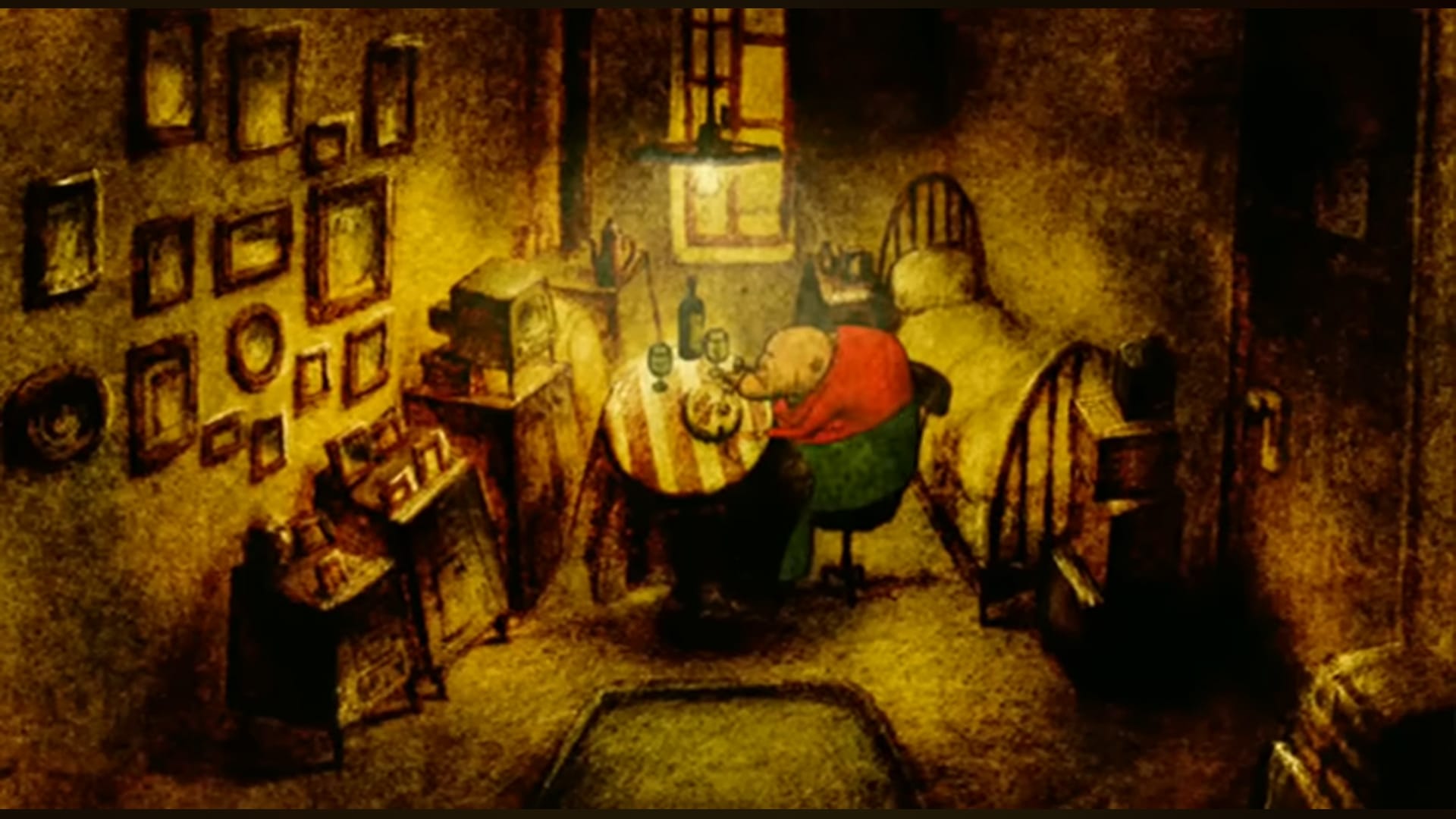 the house of small cubes old man enjoys dinner in his home alone.