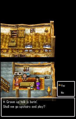 A young Bianca says to the hero, "Grown up talk is borin'. Shall we go upstairs and play?" They are downstairs with the adults, who are talking about boring things.