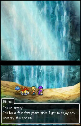 The hero, Bianca, their sabertooth cat and a healslime walk on a large branch over an abyss. Bianca says, "It's so pretty! It's bin a few fair years since I got to enjy any scenery this amazin'.