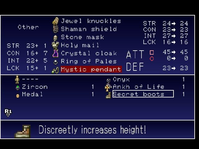 In the equipment menu, the player selects the Secret boots. Its description reads, "Discreetly increases height!"