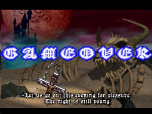 The Game Over screen, depicting a cross embedded in the desert next to a monstrous skeleton. Dracula's castle can be seen in the background. Text reads: "Let us go out this evening for pleasure. The night is still young."