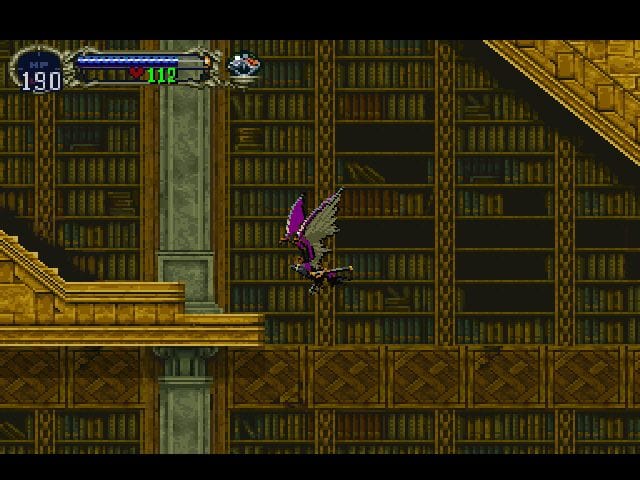 Alucard, in bat form, flies through the library.