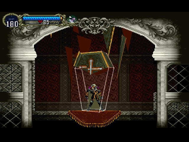 Alucard stands in the middle of a large rotating 3D coffin as it assembles itself.